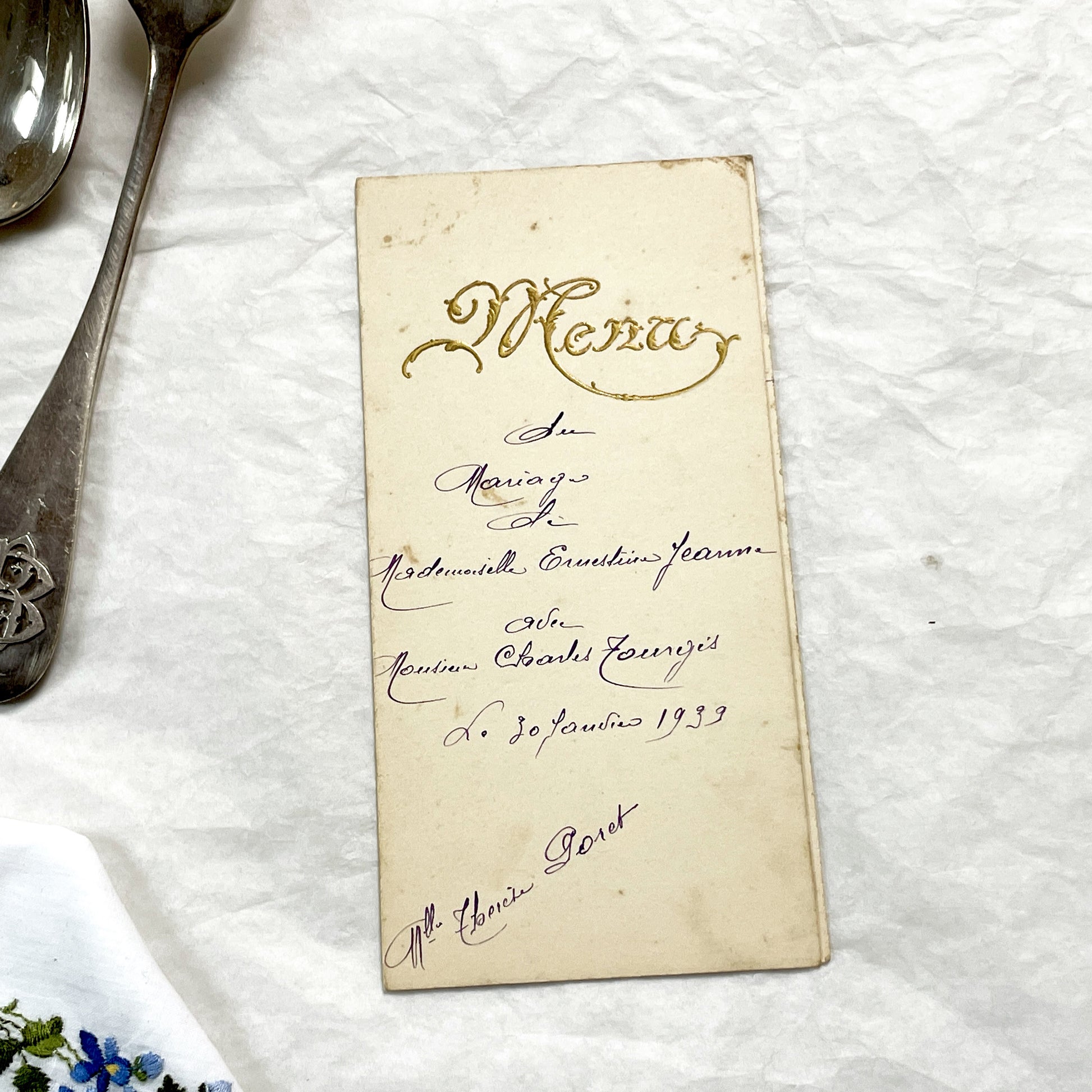 1930s - Authentic 1939 French Wedding Menu - Dejeuner - Diner - Handwritten Menu - Gilded Vintage Ephemera - Culinary History