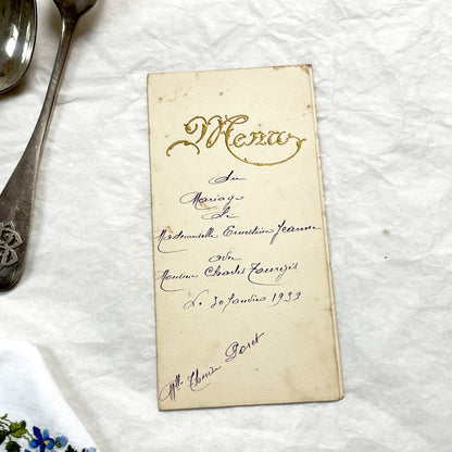1930s - Authentic 1939 French Wedding Menu - Dejeuner - Diner - Handwritten Menu - Gilded Vintage Ephemera - Culinary History