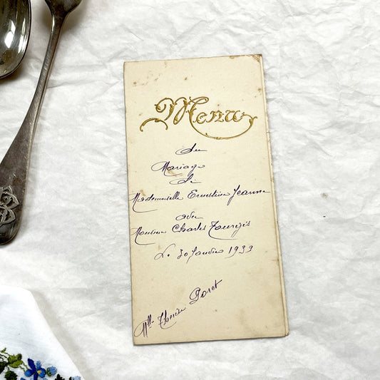 1930s - Authentic 1939 French Wedding Menu - Dejeuner - Diner - Handwritten Menu - Gilded Vintage Ephemera - Culinary History