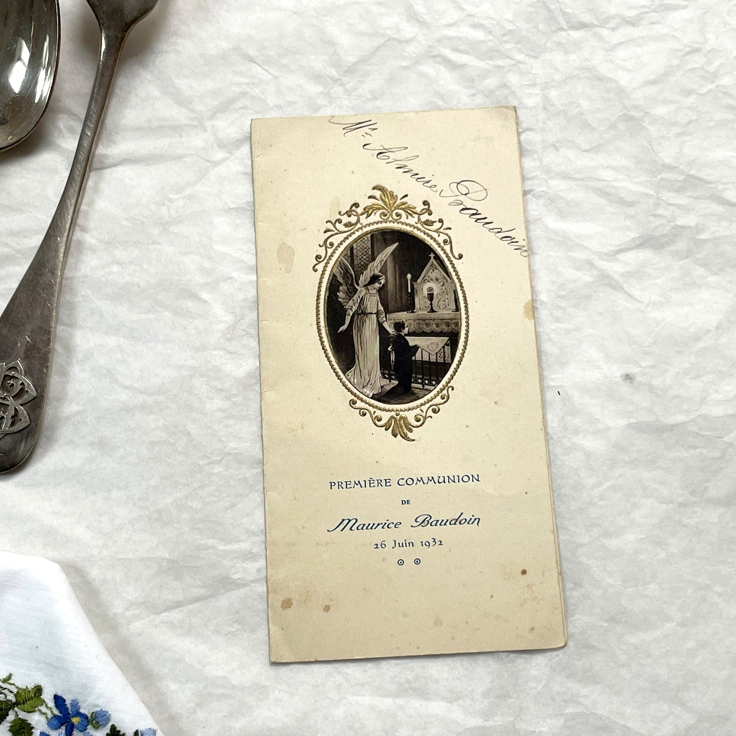 1930s - Vintage French First Communion Menu Card - 1932 Religious Ceremony - Angel Illustration - Antique Collectible