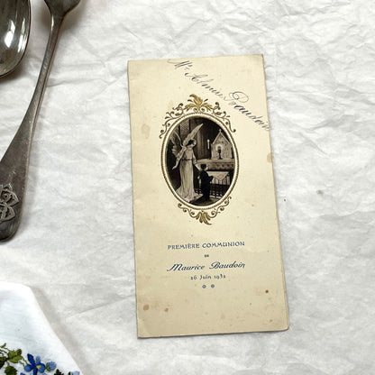 1930s - Vintage French First Communion Menu Card - 1932 Religious Ceremony - Angel Illustration - Antique Collectible