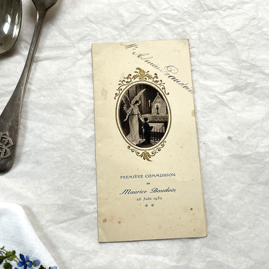 1930s - Vintage French First Communion Menu Card - 1932 Religious Ceremony - Angel Illustration - Antique Collectible