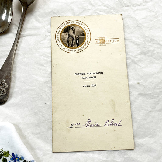 1930s - Vintage First Communion Menu - 1939 French Religious Sacrament Document - Elegant Dinner Luncheon Program Historical Collectible