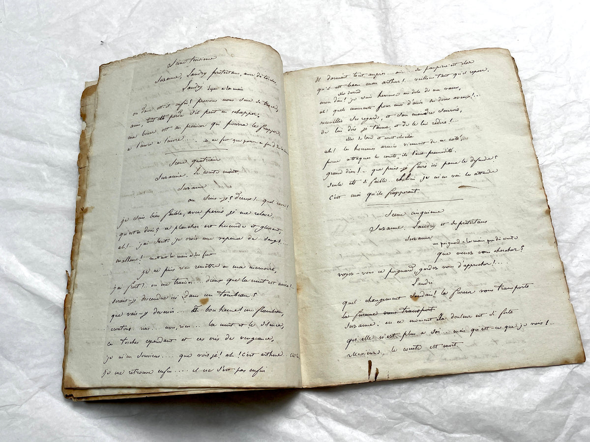 Early 19th Century French handwritten play script featuring elegant cursive on aged paper, a historical literary manuscript.