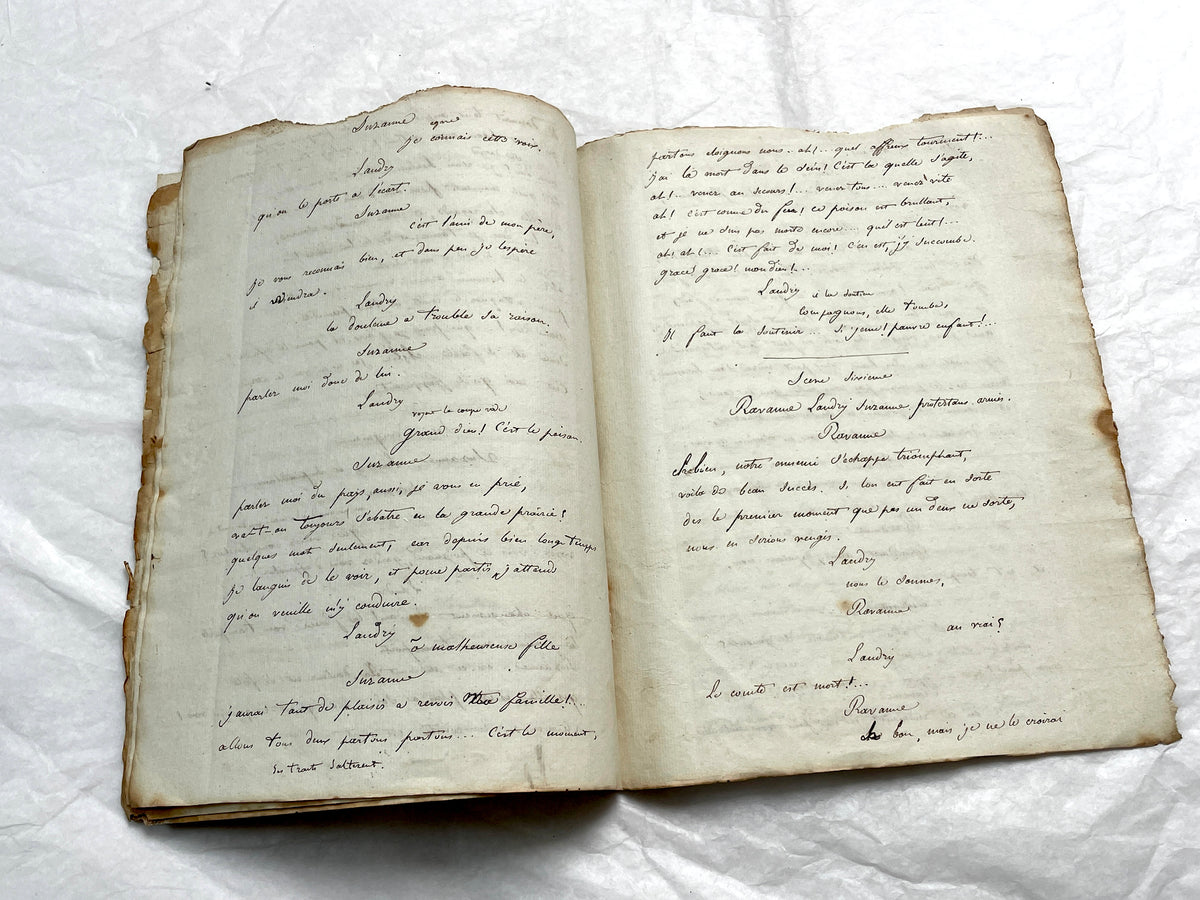 Early 19th Century French handwritten play script featuring elegant cursive on aged paper, a historical literary manuscript.