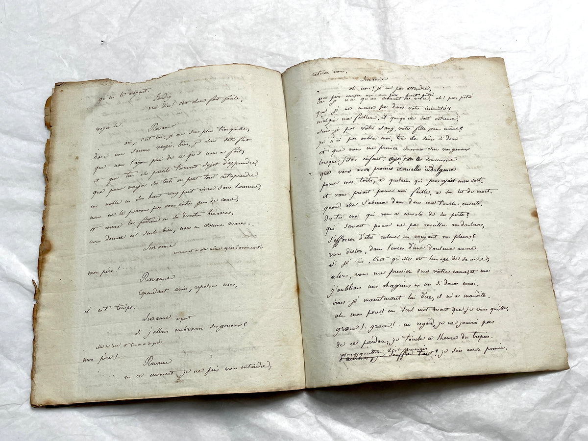 Early 19th Century French handwritten play script featuring elegant cursive on aged paper, a historical literary manuscript.