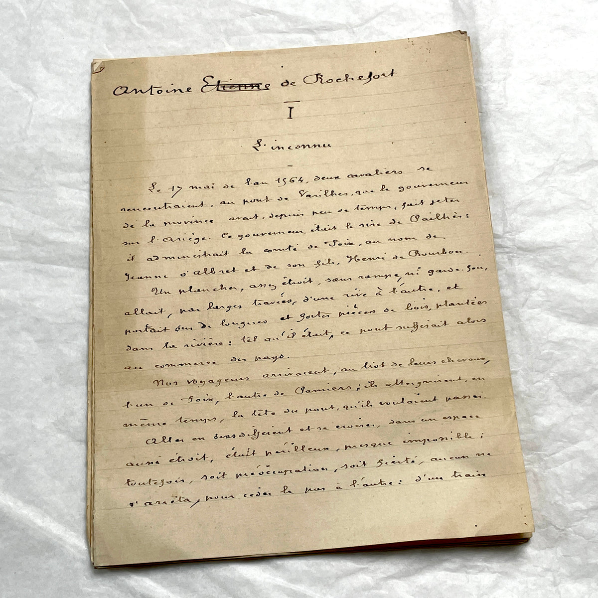 1900s French handwritten manuscript of Antoine de Rochefort historical narrative on aged paper.