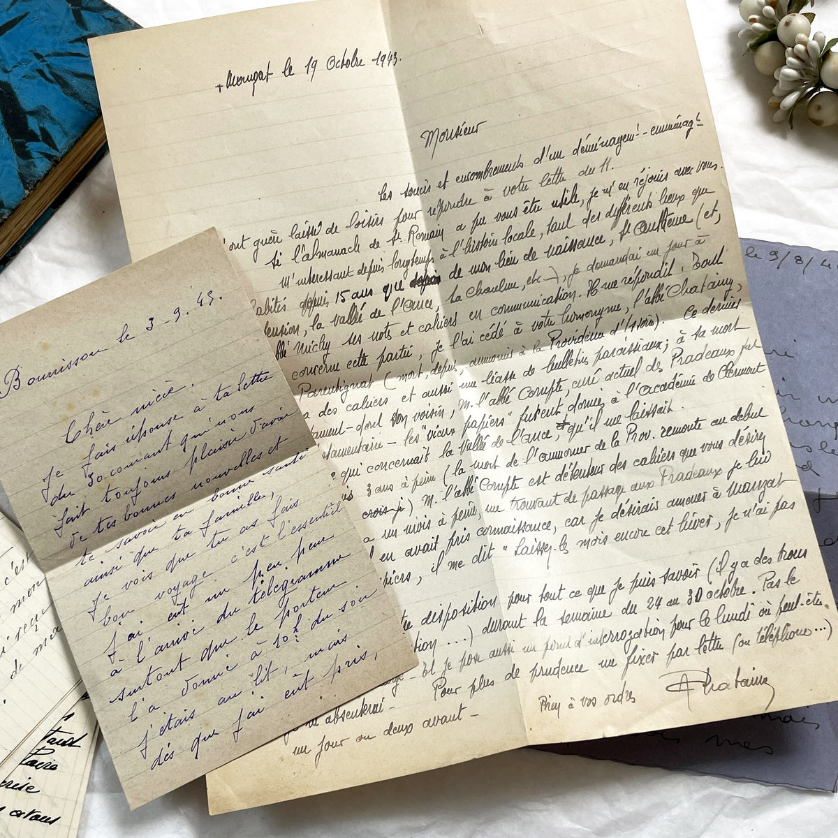 1940s - 20 French letters - Bundle of Antique French Letters – Handwritten 1940s Ephemera – Cursive Script, Ink, Mixed Paper Styles