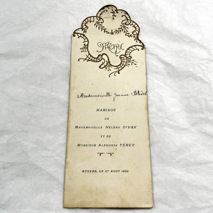 1930s - Vintage French Wedding Menu - Helene and Alphonse Marriage - Antique Dinner Luncheon Card - Elegant Die Cut Design