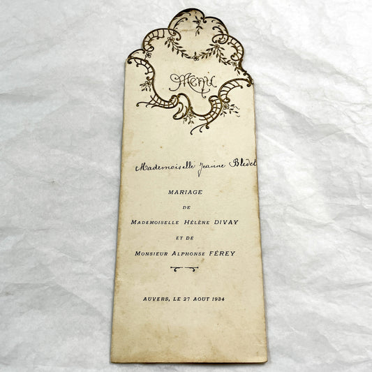 1930s - Vintage French Wedding Menu - Helene and Alphonse Marriage - Antique Dinner Luncheon Card - Elegant Die Cut Design