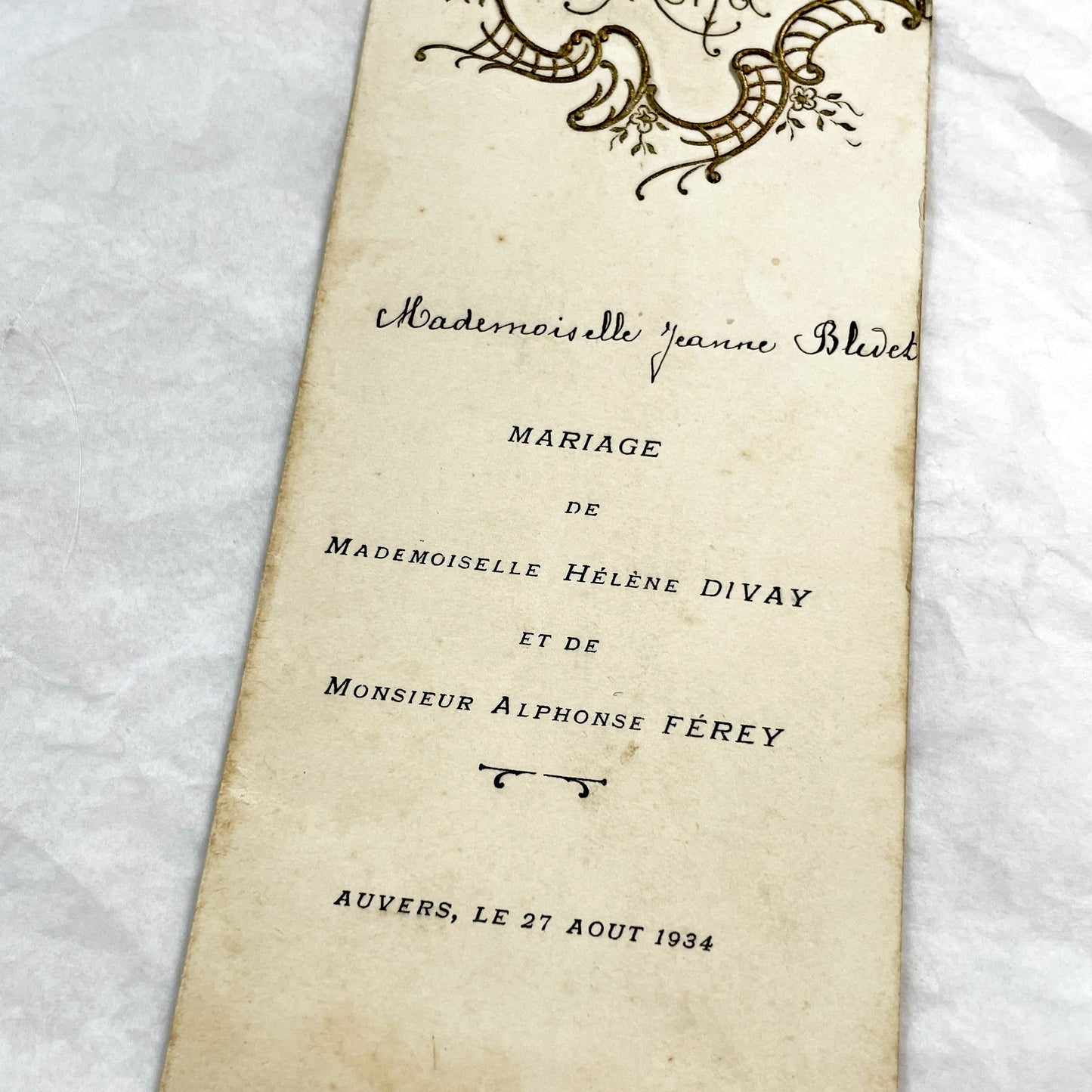 1930s - Vintage French Wedding Menu - Helene and Alphonse Marriage - Antique Dinner Luncheon Card - Elegant Die Cut Design