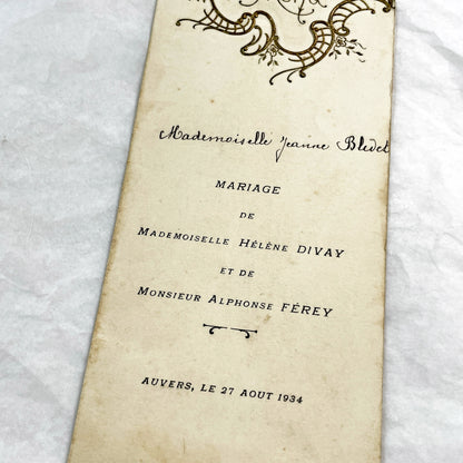 1930s - Vintage French Wedding Menu - Helene and Alphonse Marriage - Antique Dinner Luncheon Card - Elegant Die Cut Design