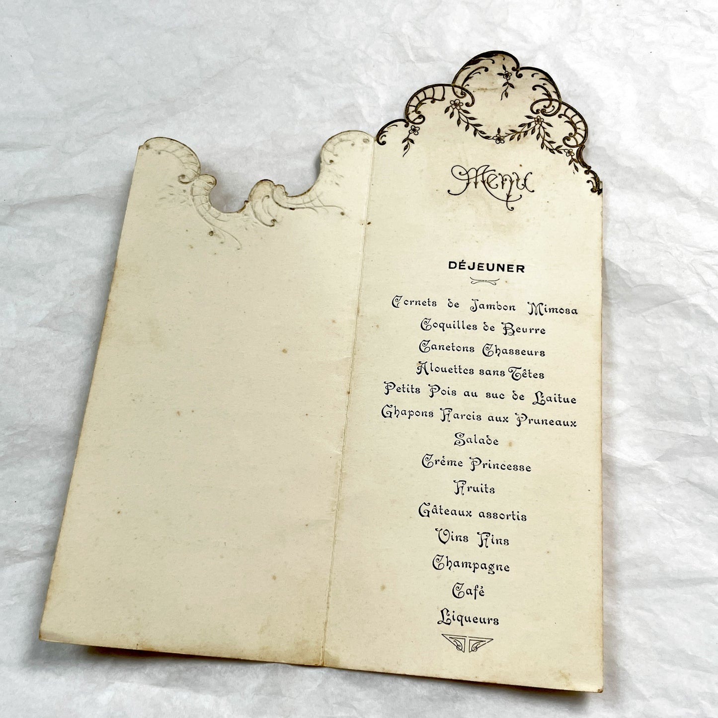 1930s - Vintage French Wedding Menu - Helene and Alphonse Marriage - Antique Dinner Luncheon Card - Elegant Die Cut Design