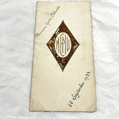 1930s - Vintage French Menu Card - Elegant Dining Ephemera - September 1933 - Historic European Cuisine Collectible