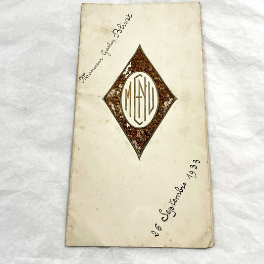 1930s - Vintage French Menu Card - Elegant Dining Ephemera - September 1933 - Historic European Cuisine Collectible
