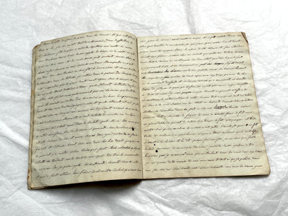 Late 19th Century handwritten French manuscript book with aged pages open to reveal flowing script.