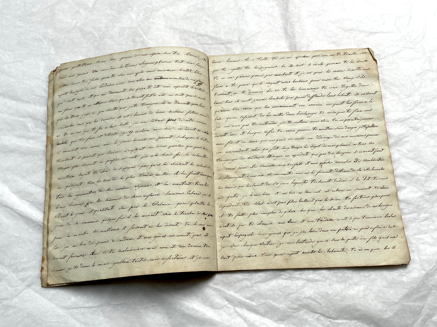 Late 19th Century handwritten French manuscript book with aged pages open to reveal flowing script.