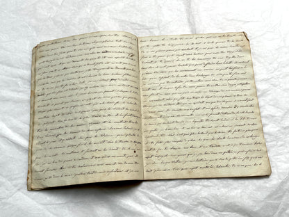 Late 19th Century handwritten French manuscript book with aged pages open to reveal flowing script.