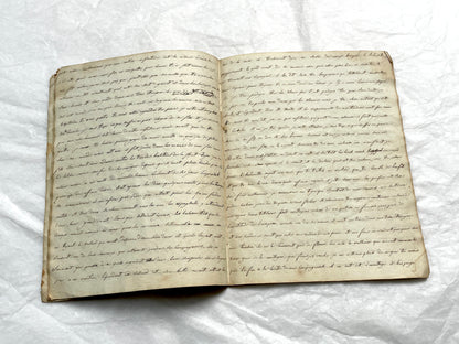 Late 19th Century handwritten French manuscript book with aged pages open to reveal flowing script.