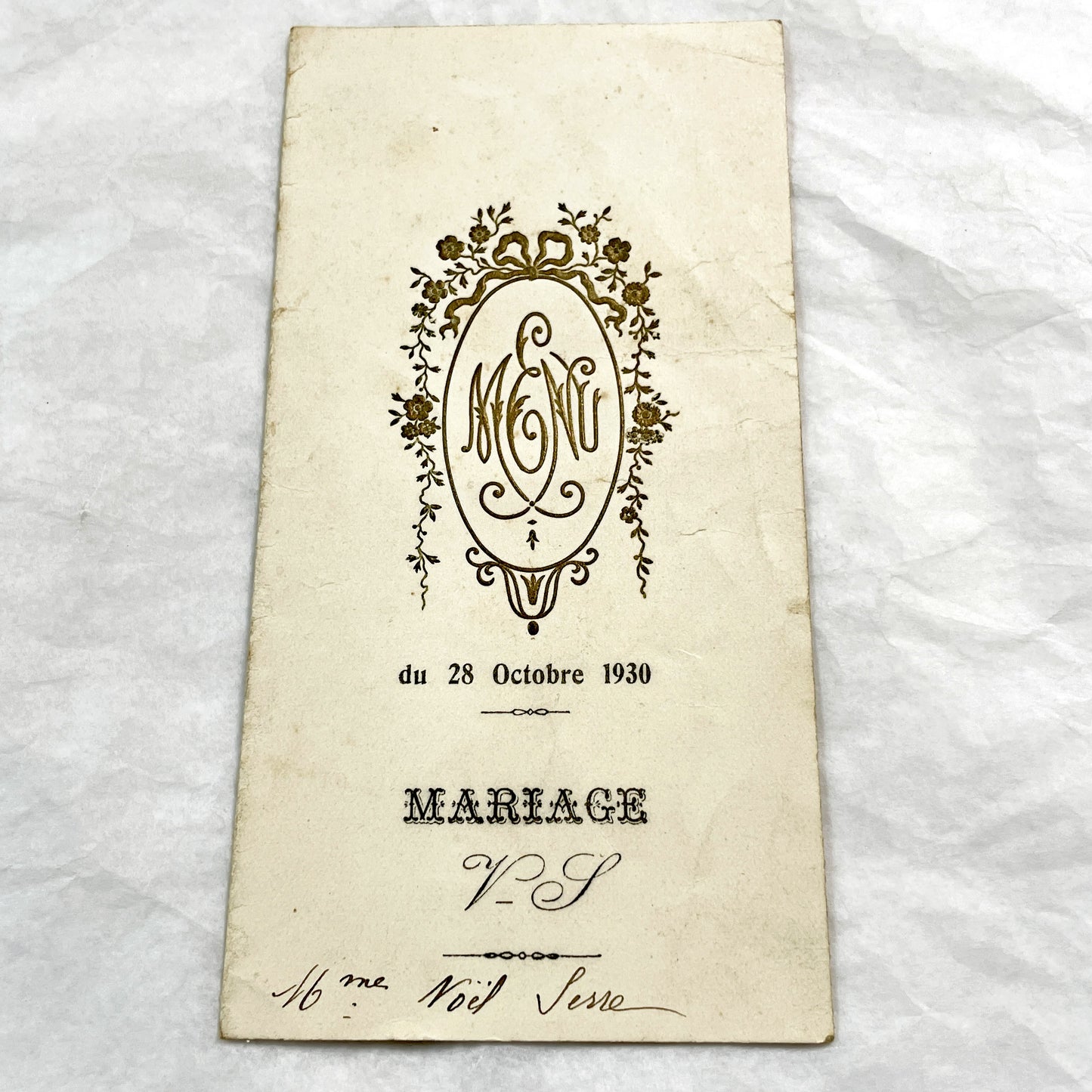 1930s - Antique French Wedding Menu - Elegant Gold Floral Monogram - Event Document - Rare Collectible Ephemera