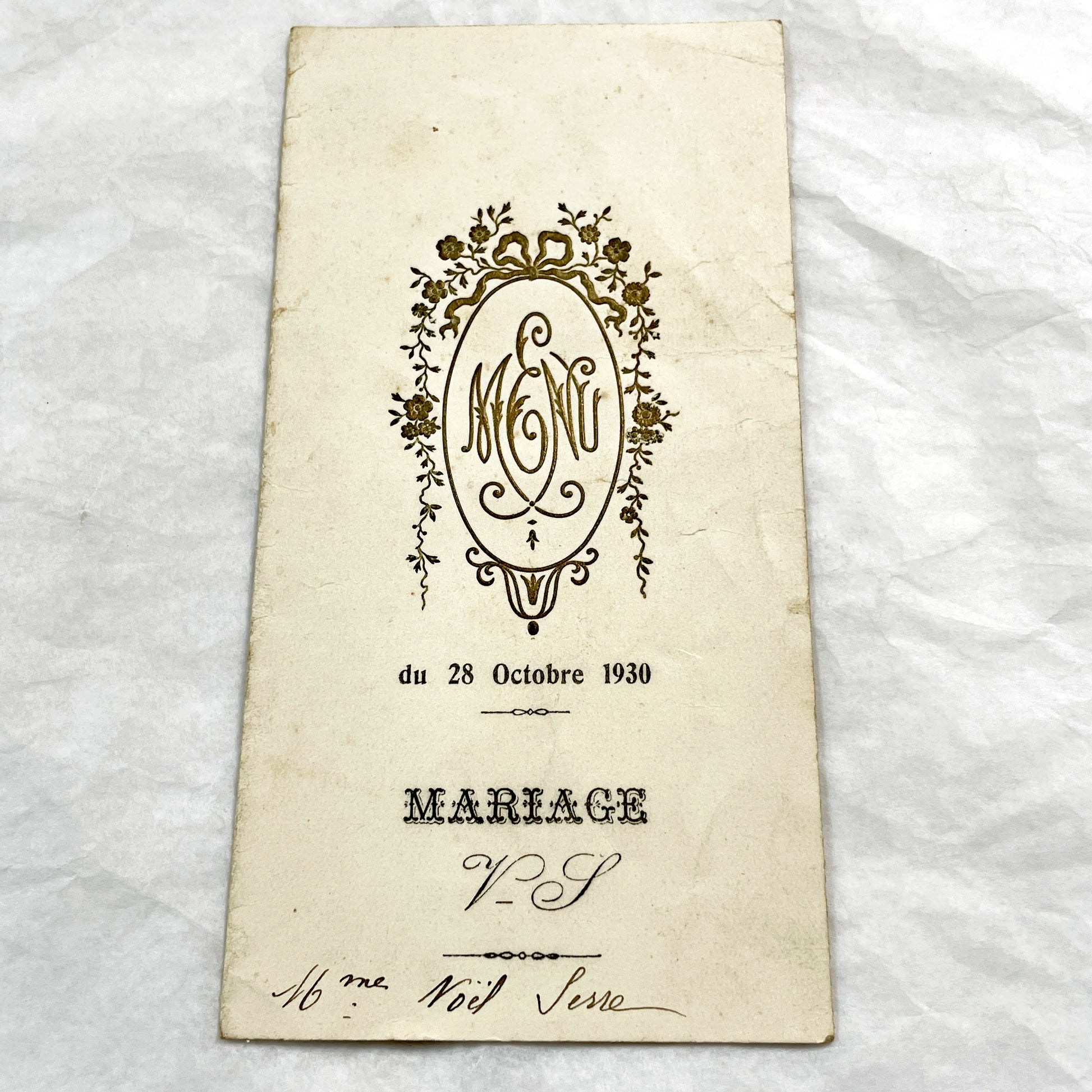 1930s - Antique French Wedding Menu - Elegant Gold Floral Monogram - Event Document - Rare Collectible Ephemera
