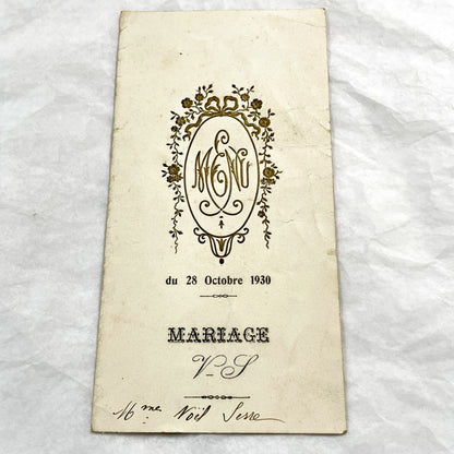 1930s - Antique French Wedding Menu - Elegant Gold Floral Monogram - Event Document - Rare Collectible Ephemera