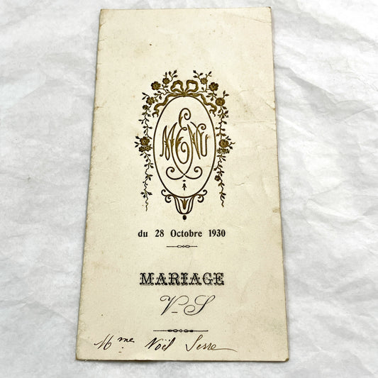 1930s - Antique French Wedding Menu - Elegant Gold Floral Monogram - Event Document - Rare Collectible Ephemera