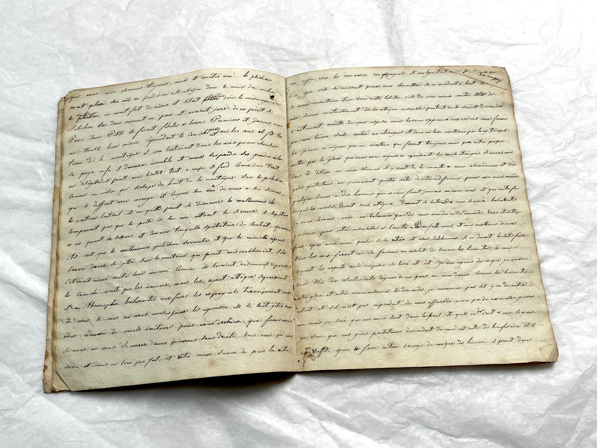 Late 19th Century handwritten French manuscript book with aged pages open to reveal flowing script.