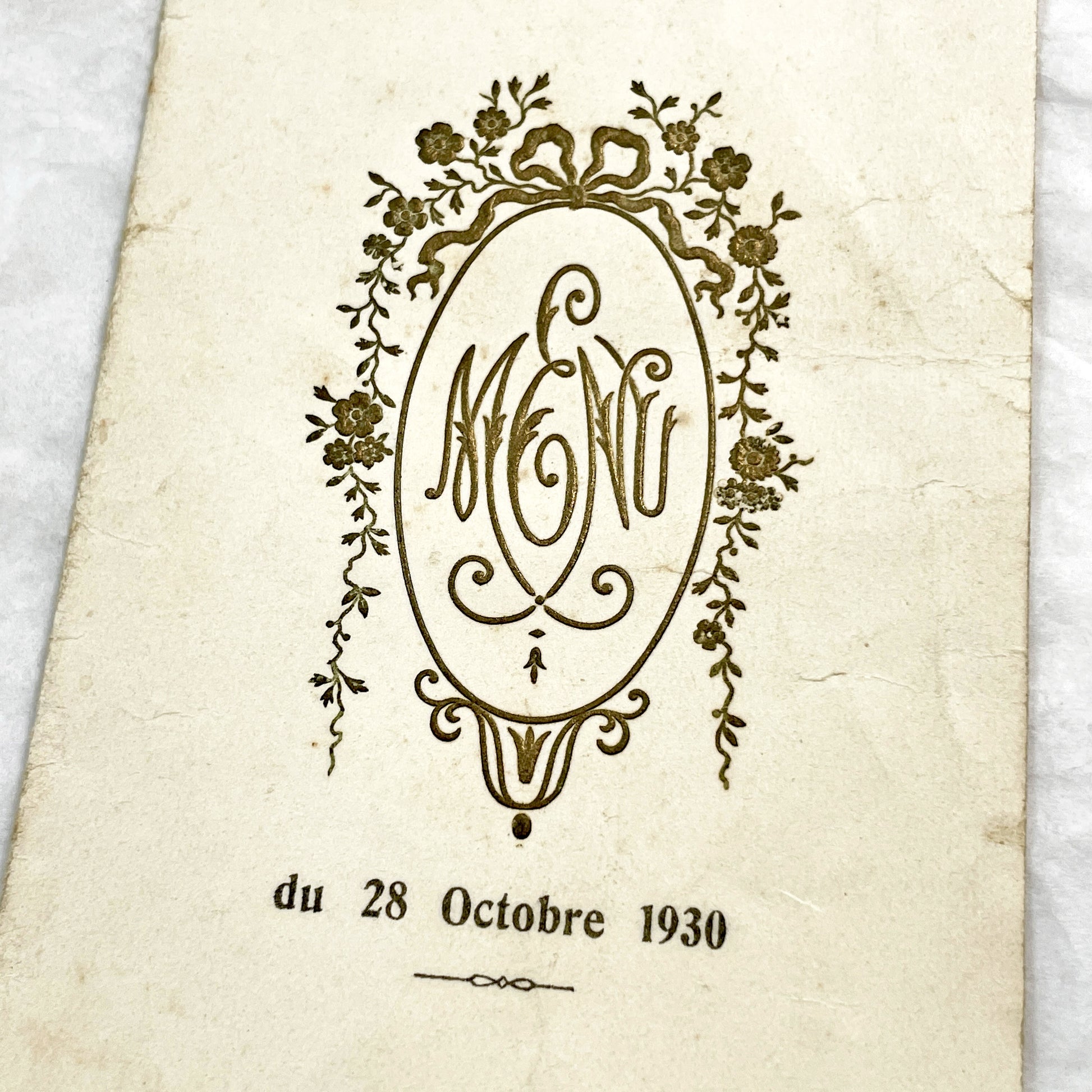 1930s - Antique French Wedding Menu - Elegant Gold Floral Monogram - Event Document - Rare Collectible Ephemera