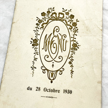 1930s - Antique French Wedding Menu - Elegant Gold Floral Monogram - Event Document - Rare Collectible Ephemera