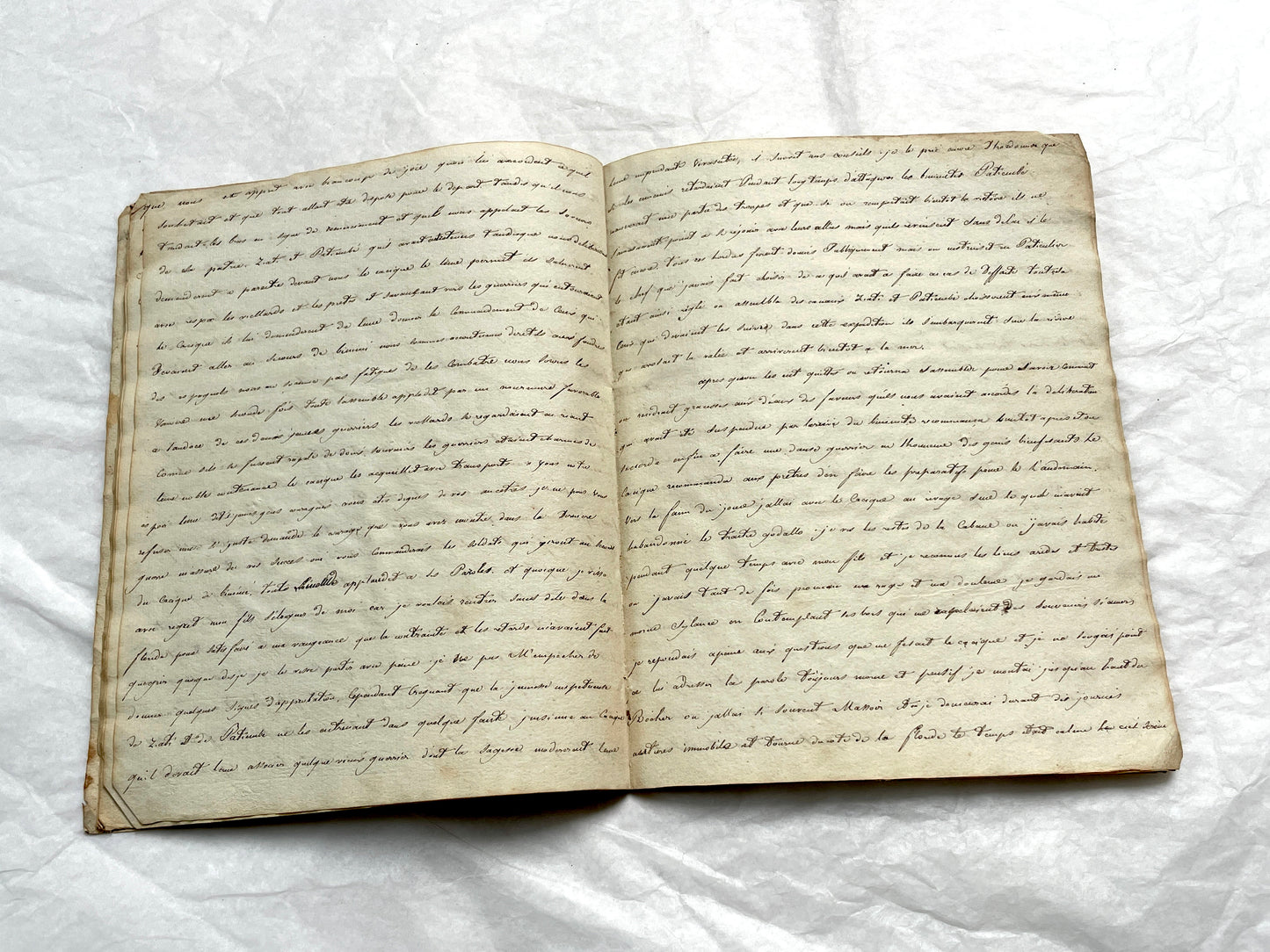 Late 19th Century handwritten French manuscript book with aged pages open to reveal flowing script.