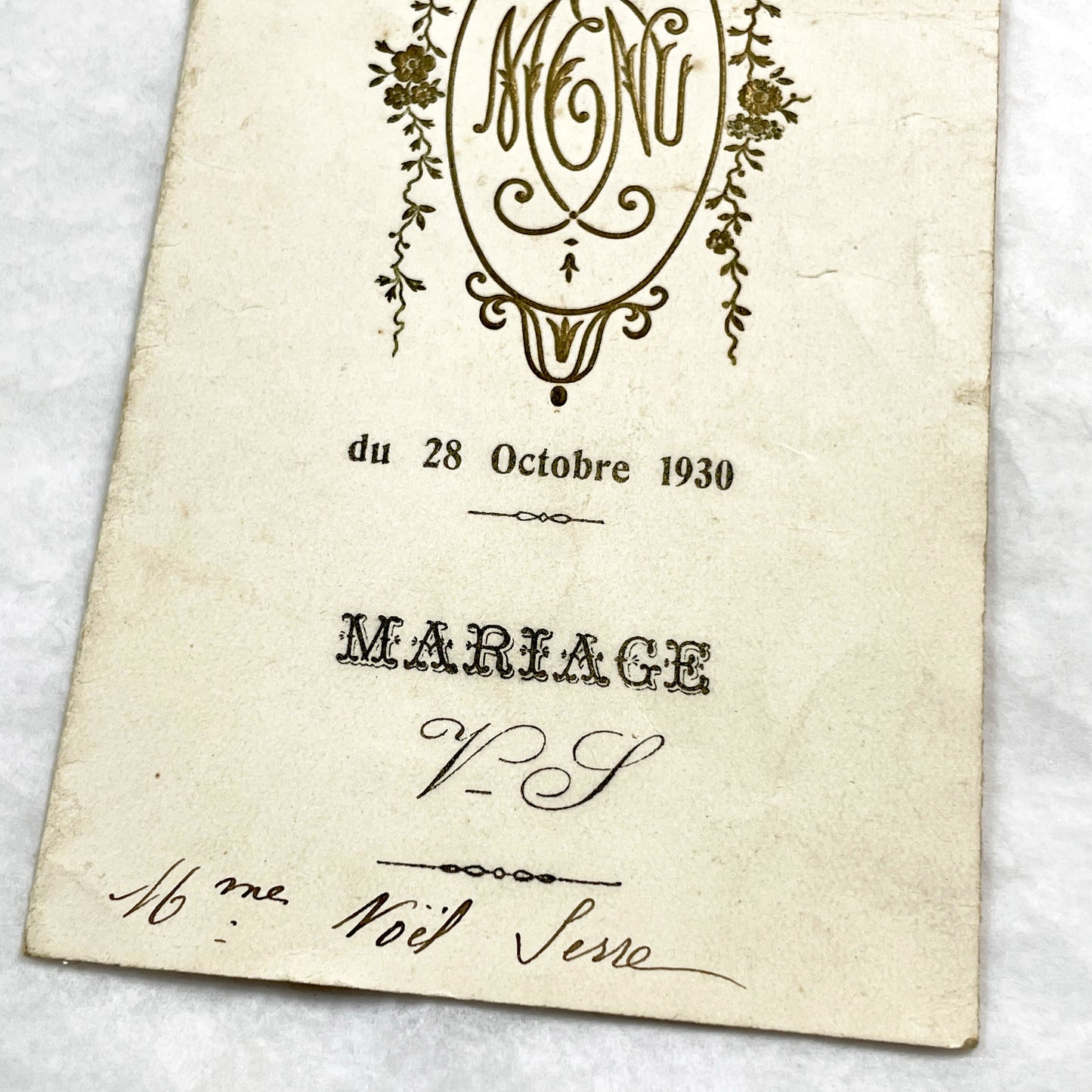 1930s - Antique French Wedding Menu - Elegant Gold Floral Monogram - Event Document - Rare Collectible Ephemera