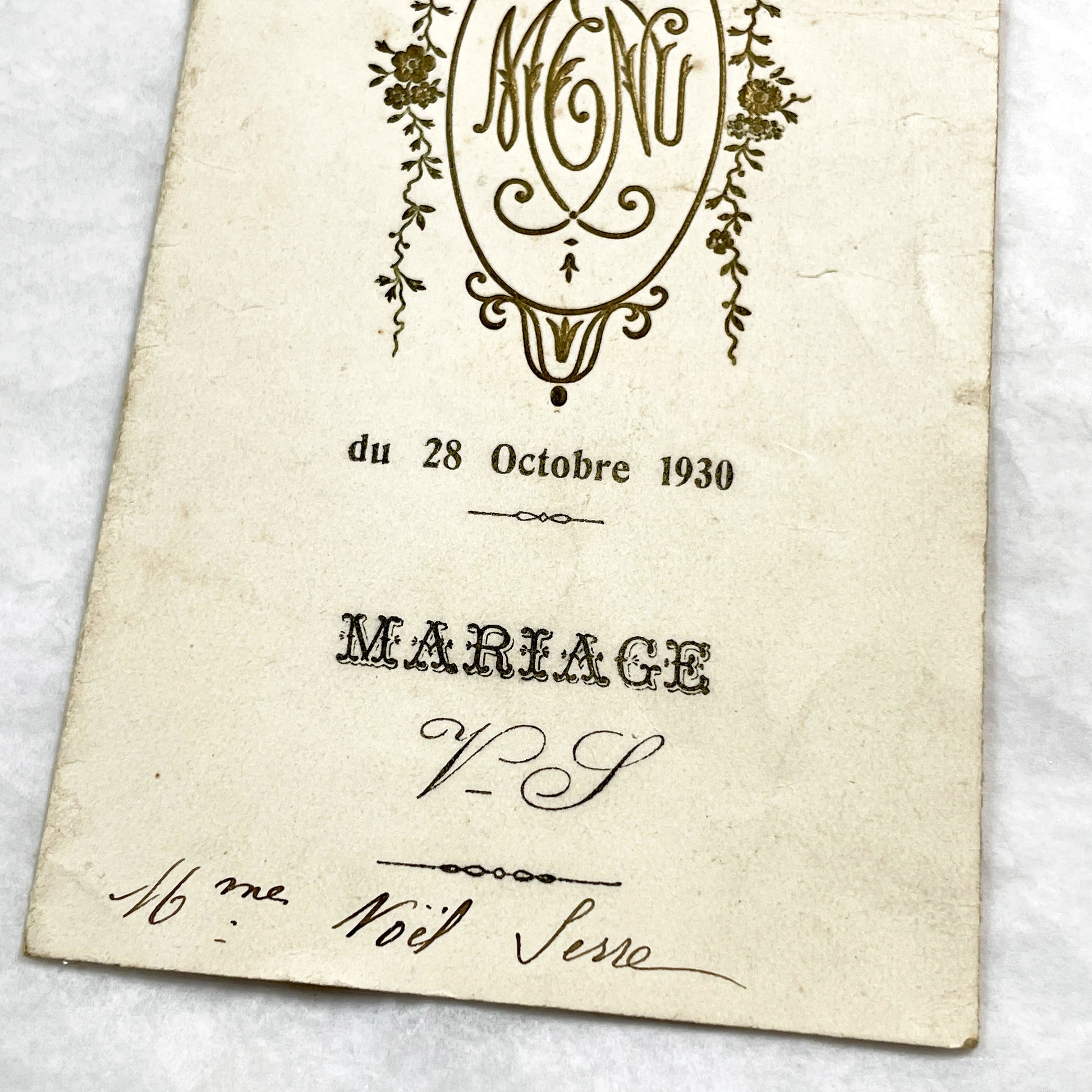 1930s - Antique French Wedding Menu - Elegant Gold Floral Monogram - Event Document - Rare Collectible Ephemera
