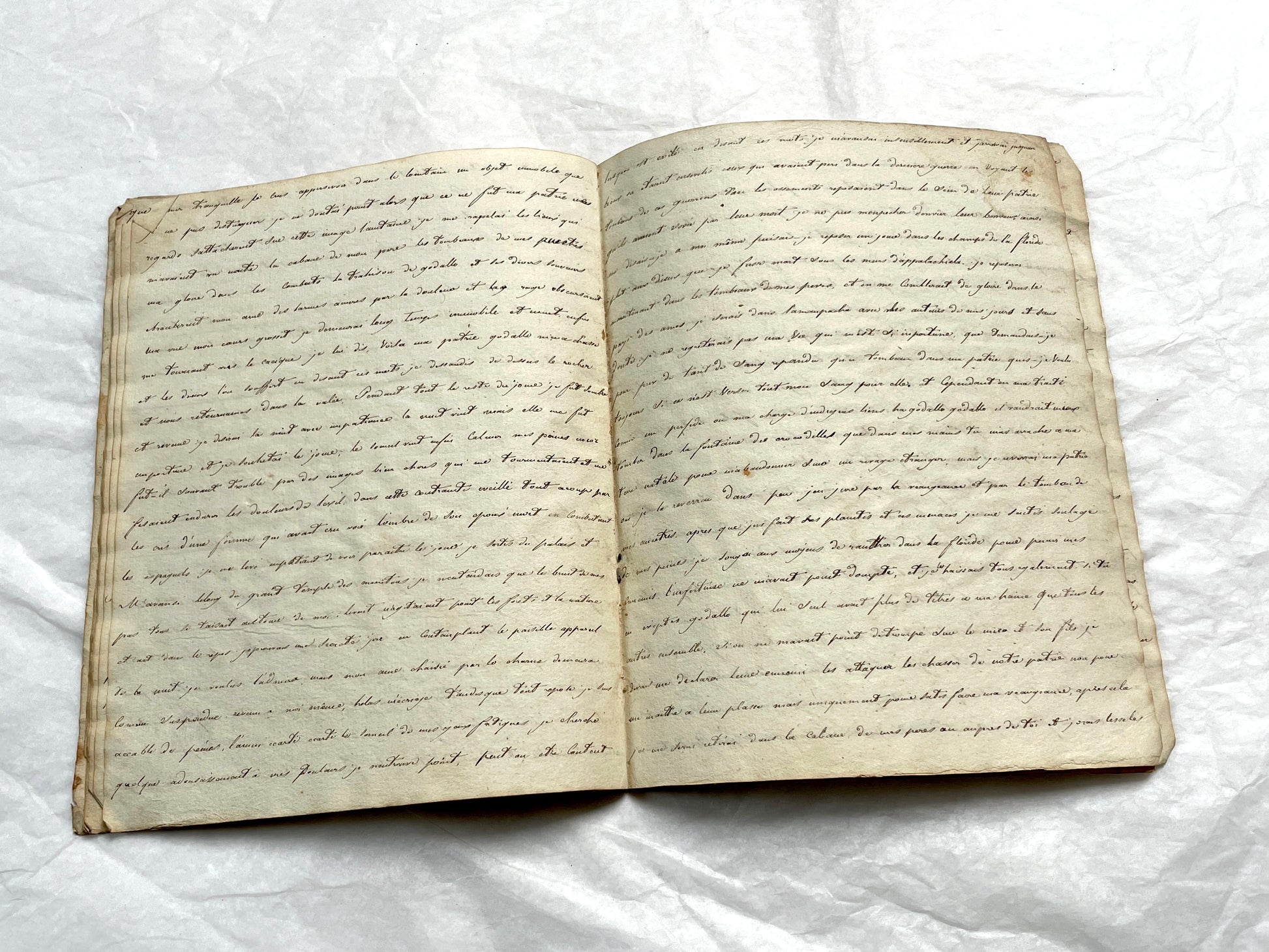 Late 19th Century handwritten French manuscript book with aged pages open to reveal flowing script.