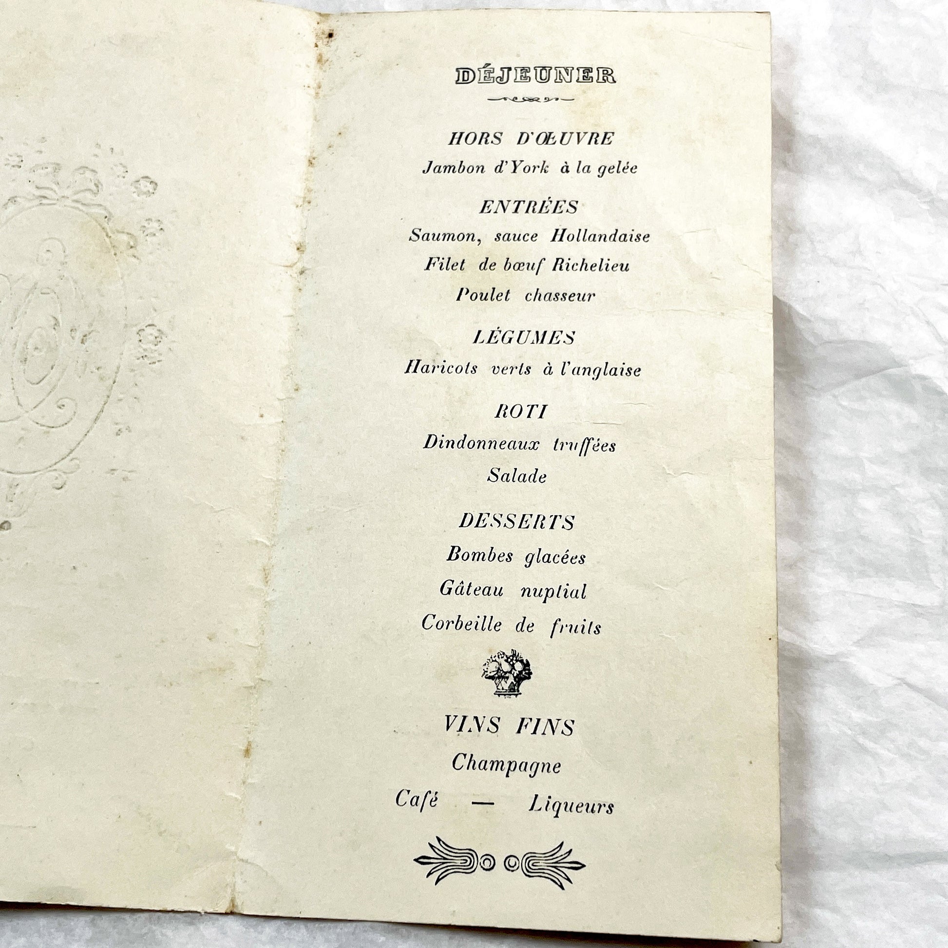 1930s - Antique French Wedding Menu - Elegant Gold Floral Monogram - Event Document - Rare Collectible Ephemera