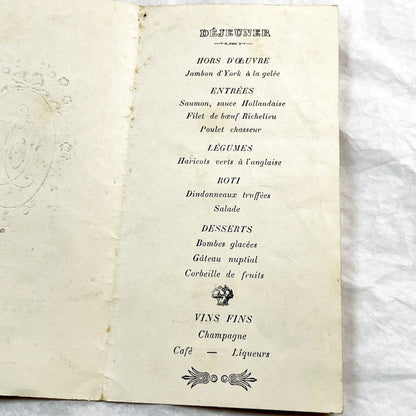1930s - Antique French Wedding Menu - Elegant Gold Floral Monogram - Event Document - Rare Collectible Ephemera