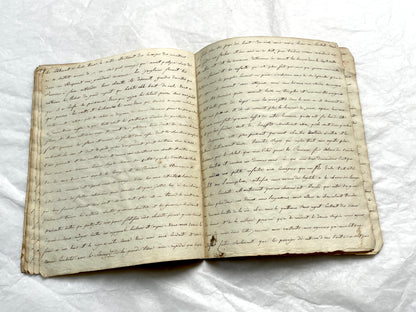 Late 19th Century handwritten French manuscript book with aged pages open to reveal flowing script.