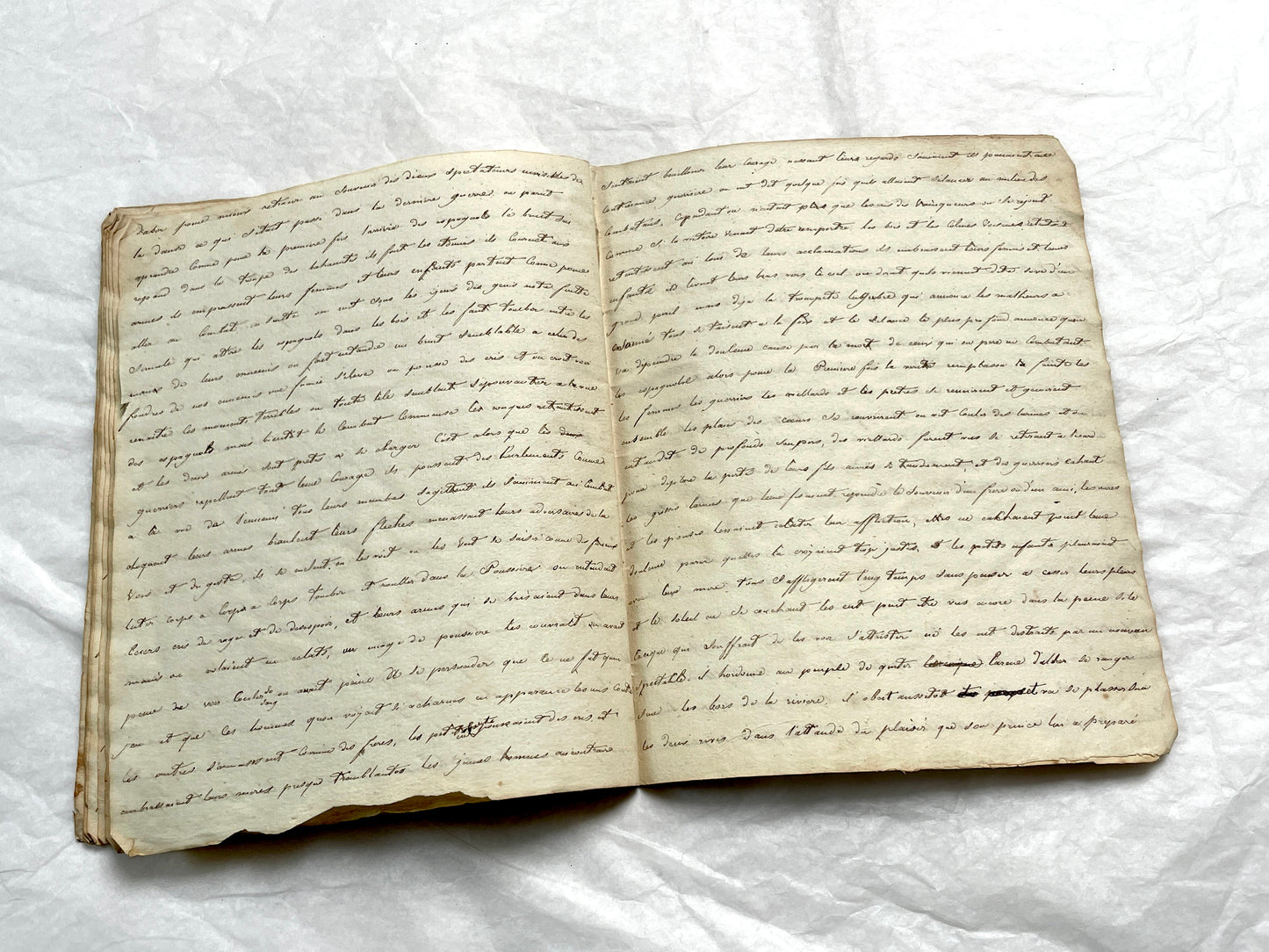 Late 19th Century handwritten French manuscript book with aged pages open to reveal flowing script.