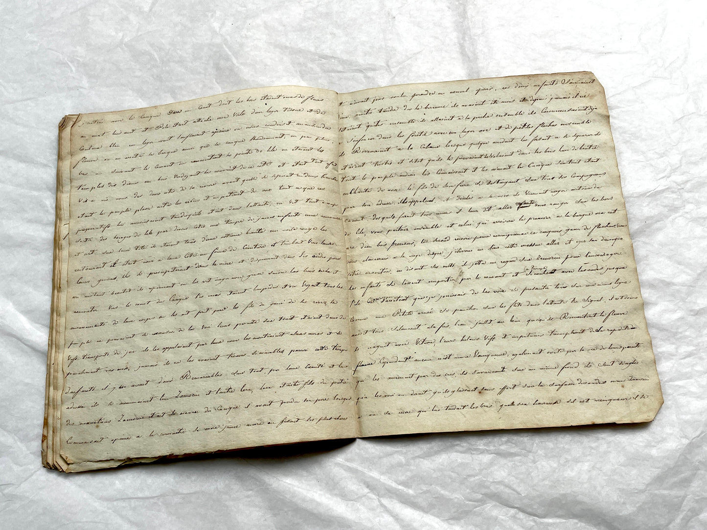 Late 19th Century handwritten French manuscript book with aged pages open to reveal flowing script.