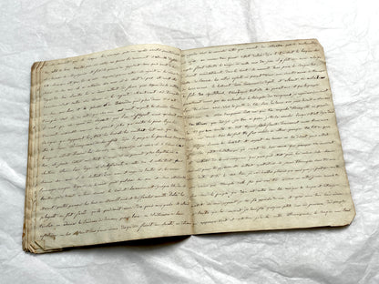 Late 19th Century handwritten French manuscript book with aged pages open to reveal flowing script.