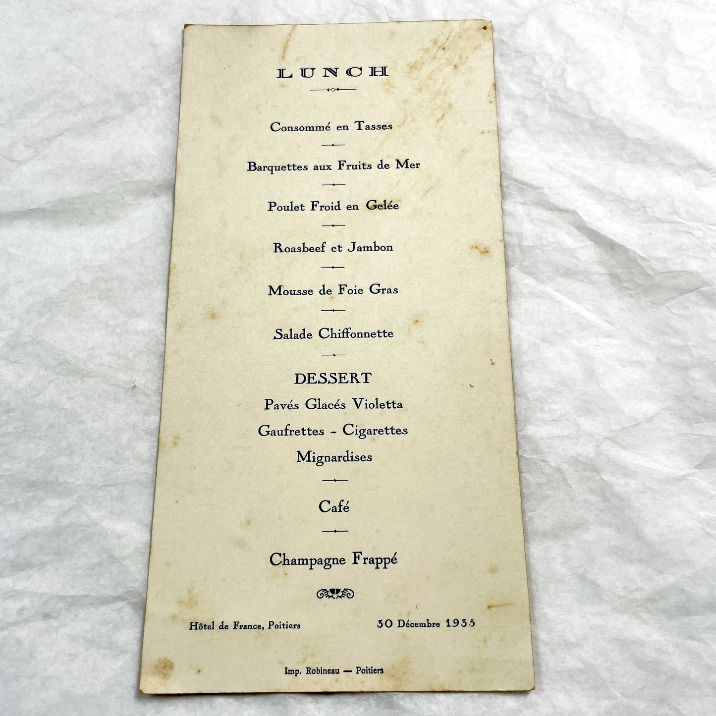 1930s - Vintage French Lunch Menu - Hôtel de France Poitiers - December 30 1935 - Historical Dining Ephemera - Signed Back