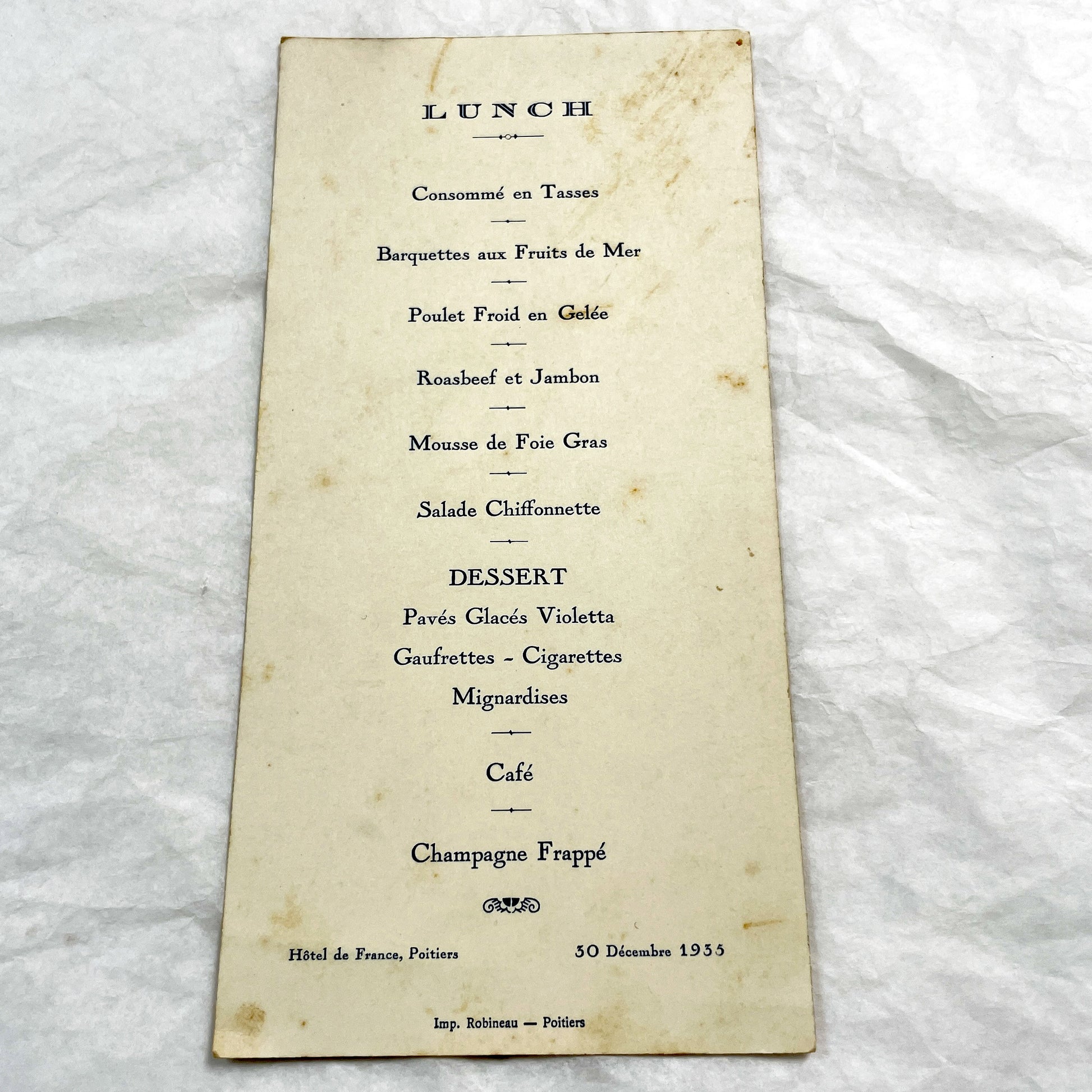 1930s - Vintage French Lunch Menu - Hôtel de France Poitiers - December 30 1935 - Historical Dining Ephemera - Signed Back