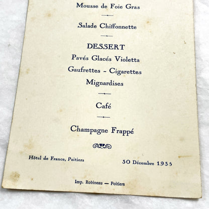 1930s - Vintage French Lunch Menu - Hôtel de France Poitiers - December 30 1935 - Historical Dining Ephemera - Signed Back