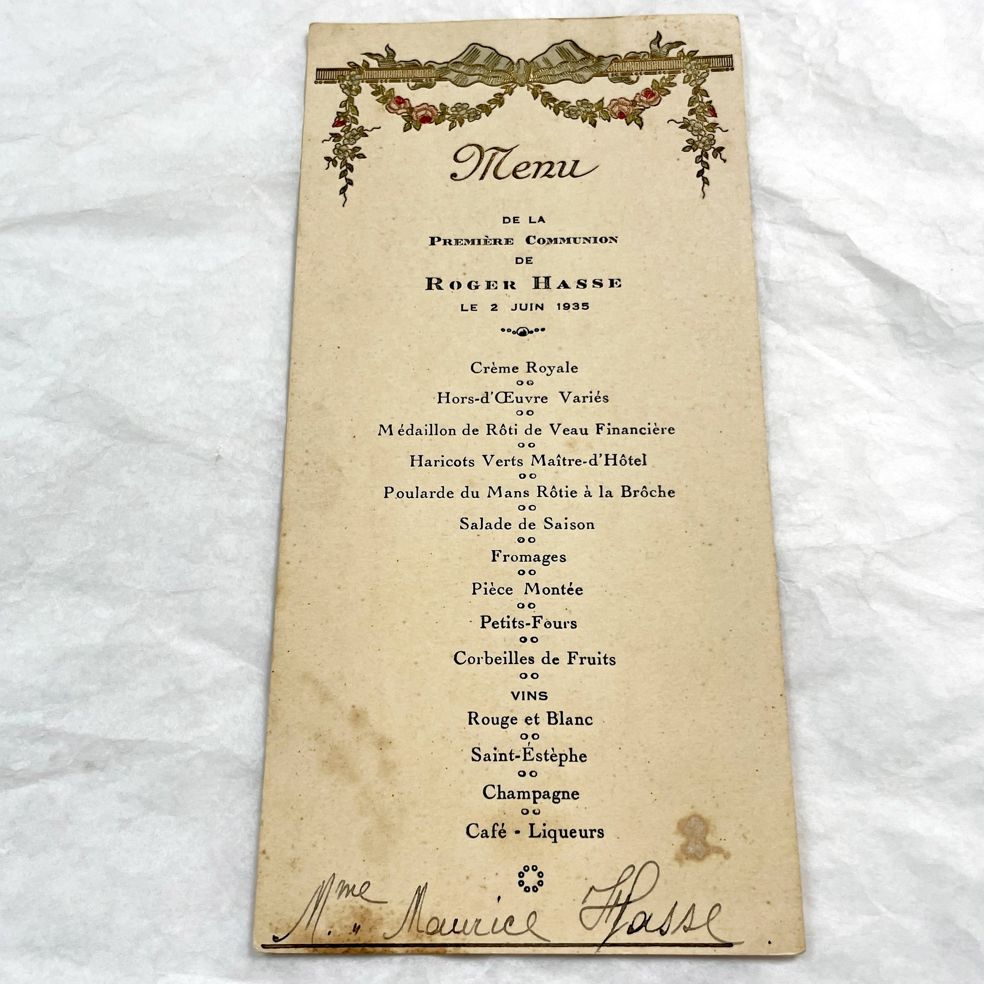 1930s - Vintage French First Communion Menu - Dinner Document - Unique Ephemera - 1935 Family Event - Collectible Paper