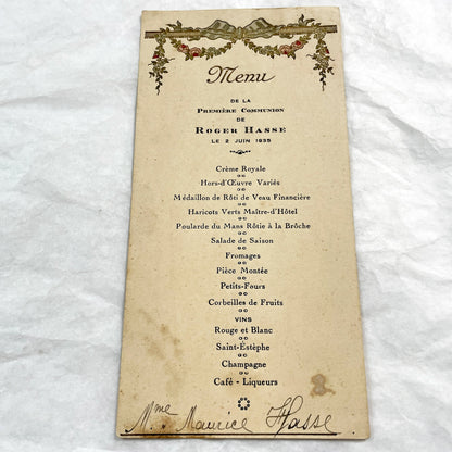1930s - Vintage French First Communion Menu - Dinner Document - Unique Ephemera - 1935 Family Event - Collectible Paper