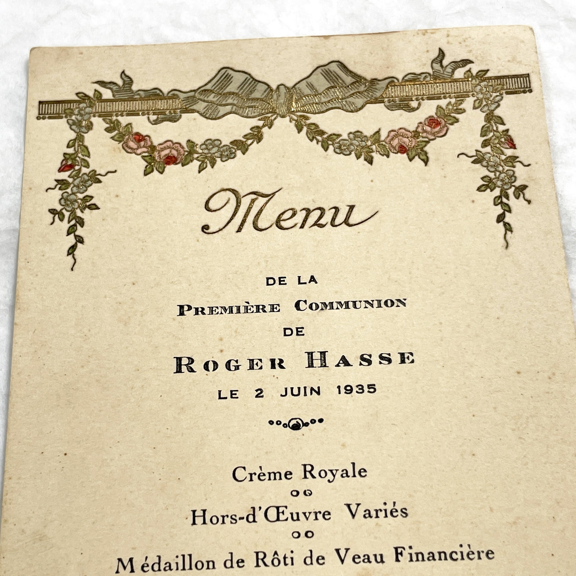 1930s - Vintage French First Communion Menu - Dinner Document - Unique Ephemera - 1935 Family Event - Collectible Paper
