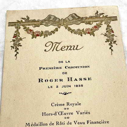 1930s - Vintage French First Communion Menu - Dinner Document - Unique Ephemera - 1935 Family Event - Collectible Paper