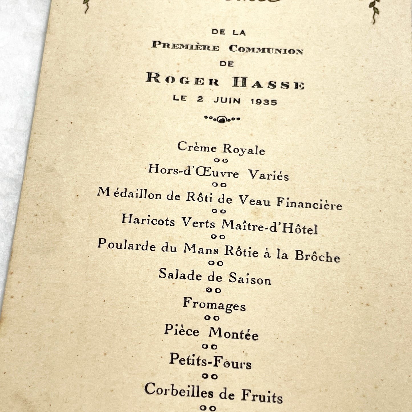 1930s - Vintage French First Communion Menu - Dinner Document - Unique Ephemera - 1935 Family Event - Collectible Paper