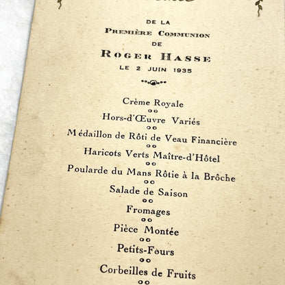 1930s - Vintage French First Communion Menu - Dinner Document - Unique Ephemera - 1935 Family Event - Collectible Paper