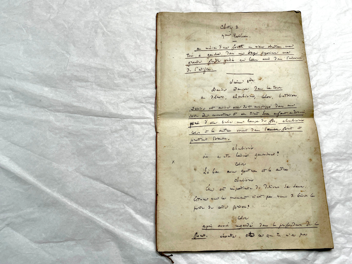 Late 19th handwritten French play script manuscript on aged paper with elegant penmanship, revealing literary text.